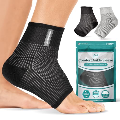 BraceAbility Ankle Compression Sleeve for Sprained Ankle - Achilles Tendonitis Support Sleeve for Swelling Relief, Arthritis, Plantar Fasciitis, Peroneal Foot Brace for Women and Men (Black - M/L)
