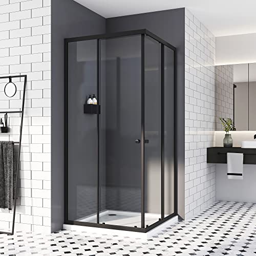 Duschkabine 75x90 cm,Schwarz Doppel Schiebetür Eckeinstieg Duschwand Duschabtrennung 6mm ESG Sicherheisklarglas Schnelle Installation Höhe 185cm