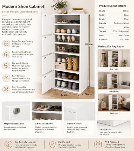 Image of Mevigo-Wooden Shoe Rack with 4-Door - Tall Shoe Cabinet with Doors, 9-Tier Freestanding Shoe Storage Organizer for Entryway, Engineered Wood Shoe Stand Cabinet, Space-Saving Narrow Shoe Rack Wooden