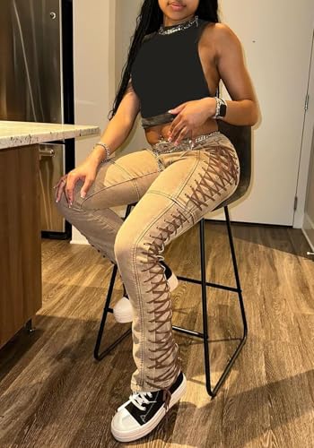 Women's High Waisted Skinny Jeans Straight Leg Stretch Distressed Drawstring Lace Up Sexy Denim Pants Streetwear4