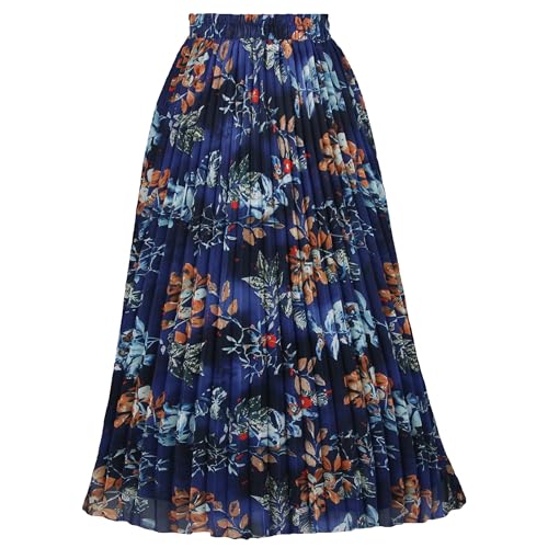 GOOBGS Women's Pleated A-Line High Waist Swing Flare Midi Skirt
