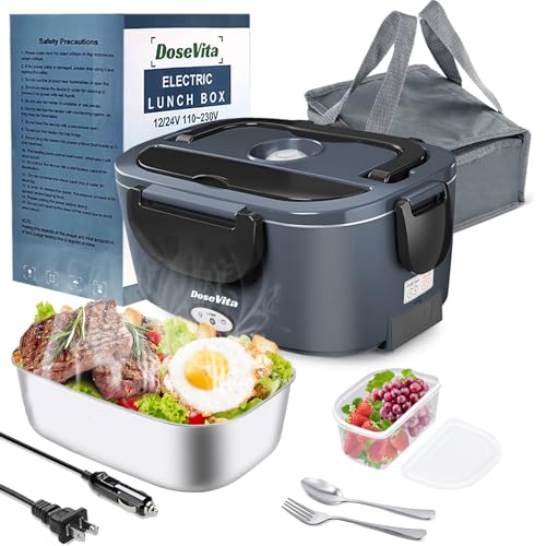Dosevita Electric Lunch Box for Adults, 80W Heated Lunch Box, 1.5L Stainless Steel Container | 12V/24V (Car/Truck) & 110V (Office/Home) | with Fork&Spoon and Insulated Carry Bag