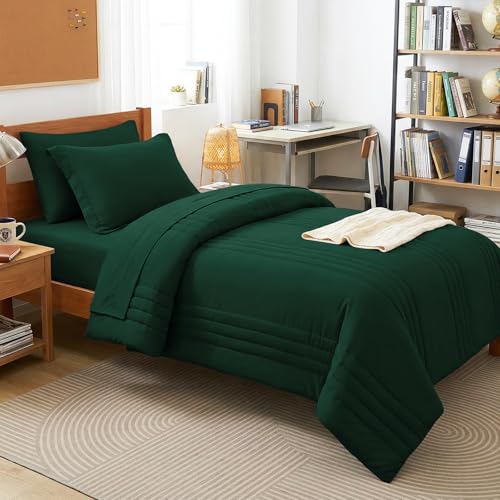Image of CozyLux Twin XL Comforter Set Emerald Green - 5 Pieces Bed in a Bag, Modern Vertical Quilted Room Decor, Soft All-Season Bedding Gift with Comforter, Sheets, Pillowcase & Sham