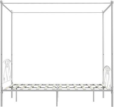 Bed Frame 4 Poster Bed Base White Metal 140x200 cm Canopy Bed with Storage Underneath Bedroom Furniture Bed white Metal Bed Option2