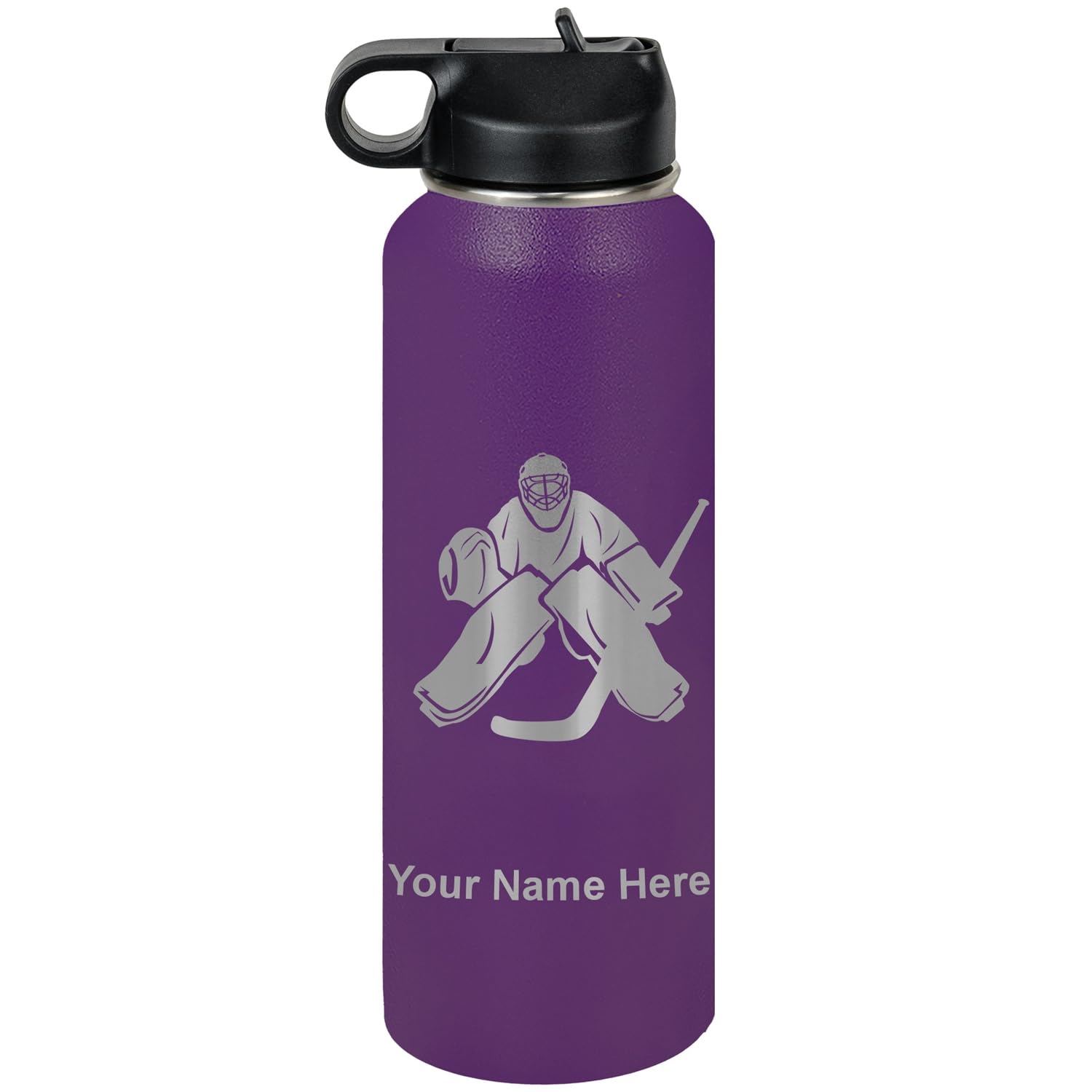 LaserGram Personalized Water Bottle, Hockey Goalie, Stainless Steel Double Wall Vacuum Insulated with Flip Top Straw, Custom Engraved Gift (40oz /