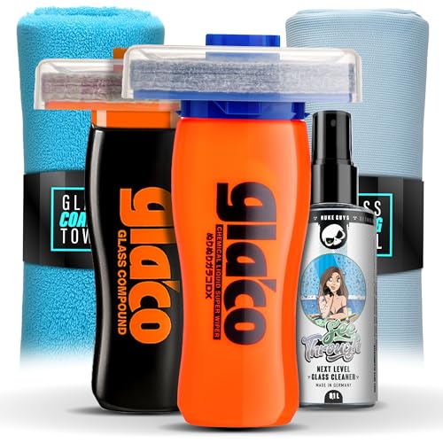 5-teil. Glasversiegelung Bundle - Soft99 Glaco DX 110 ml Versiegelung + Soft99 Glaco Glass Compound Roll On 100ml - Politur für Glas + Glasreiniger 100ml, Poliertuch, Glas Mikrofasertuch