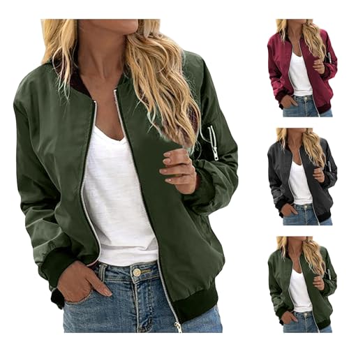 Bomberjacke Damen Kurze Blouson Jacke Casual Pilotenjacke Langarm Outwear Zip Up Solid Leichte Coat Sweatjacke (001 Grün, S)