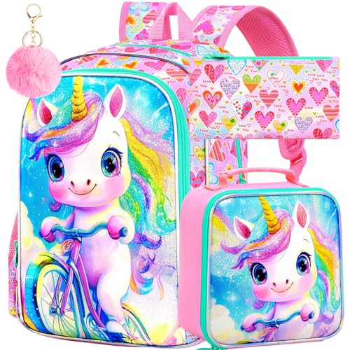 Image of 16 inch Unicorn Backpack for Girls, 3Pcs School Backpacks Set for Elementary Preschool Kindergarten, Kids Bookbag with Lunch Box(Pink)