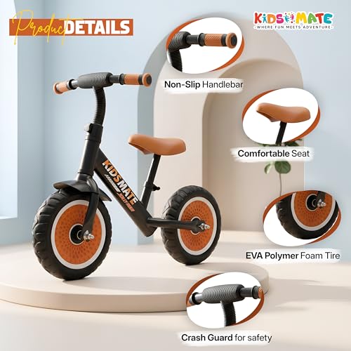 Image of Kidsmate Jolly Rider Kids Balance Bike for 2-4 Years | Lightweight Pedal-Free Kids Balance Cycle with EVA Tyres, PU Foam Seat & Metal Frame | Baby Cycle Training Bike for Boys & Girls - Black