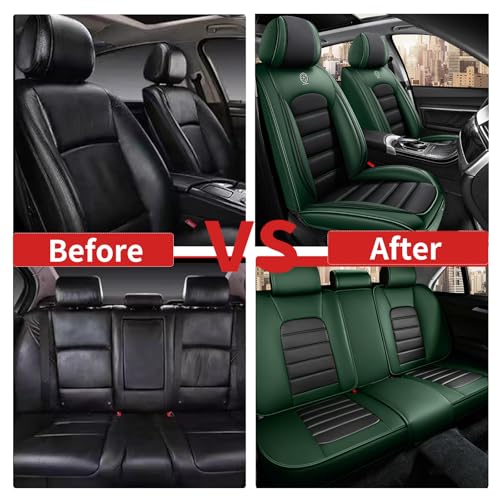 Image of Fit for Sedan SUV Pick-up Truck,Automotive,Ice Slik Nappa Leather Car Seat Covers,Waterproof Durability Washable Seat Covers,5 Seat Complete Set Standard Full Coverage Car Seat Cover(Green & Black)