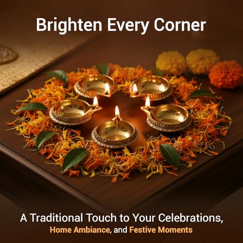 Image of SATVIK 20 Pc Indian Pooja Kuber Diya for Diwali Decoration. Handmade Oil Lamp with Golden Engraved Made of Brass Metal. Vilakku for Puja Pooja. Traditional Indian Deepawali Housewarming Gift Items