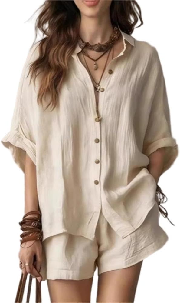 Women's 2 Piece Short Sets Casual Oversized Button Down Short Sleeve Lounge Outfits Summe Linen Loose Sweatsuit