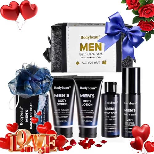 Men's Bath and Body Spa Gift Set - 7-Piece Kit with 3-in-1 Shower Gel, 2-in-1 Handmade Soap and...