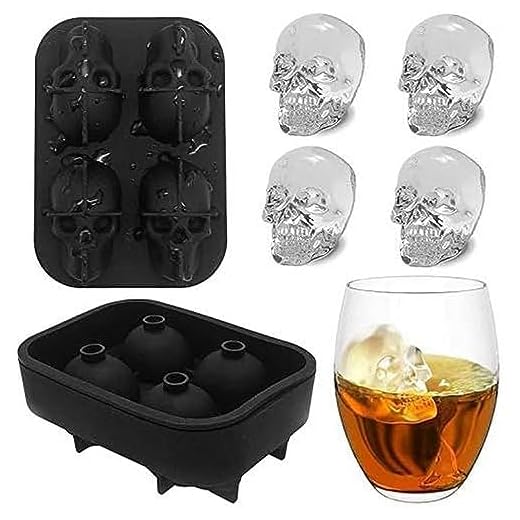 FLZONE 4 Molde de la Bandeja del Cubo de Hielo del cráneo 3D, fabricador de Cubitos de Hielo de Silicona Flexible de Grado alimenticio para Cocktails, Whisky, Licor y Otras Bebidas（con Embudo