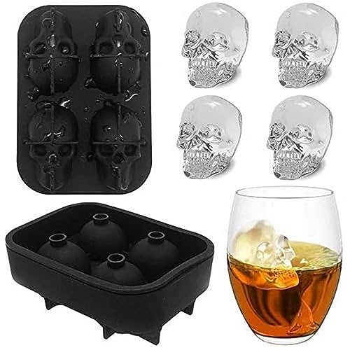 FLZONE 4 Gitter 3D Totenkopf Silikon Eiswürfelform lustiger Eisschädel für Whiskey Cocktails Likör und Saft Getränke mit Mini-Trichter