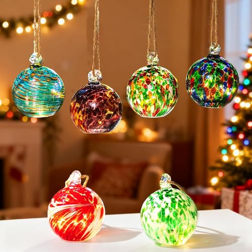 Hewory Glass Christmas Ornament Balls: 6 PCS Unique Hand Blown Holiday Decorative Hanging Ball Decor Set, Colorful Glass Ornaments for Christmas Tree Outdoor Garden Patio Window Xmas Decorations