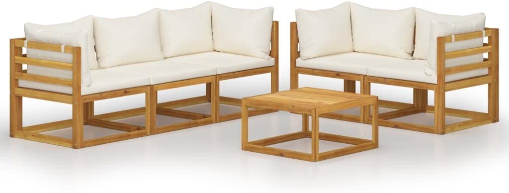 vidaXL Patio Lounge Set 6 Piece, Sectional Sofa for Outdoor Garden, Patio Furniture with Cushion, Coffee Table, Modern Style, Cream Solid Acacia Wood