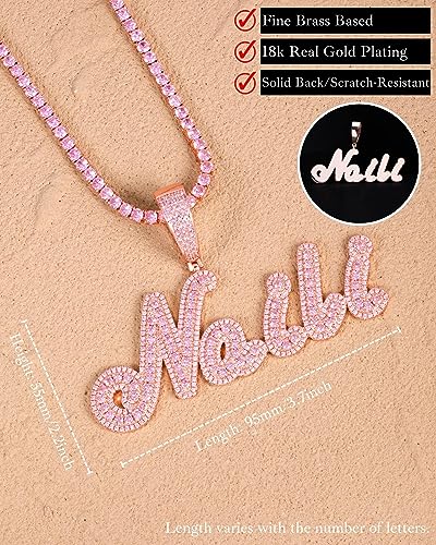 Iced Out Custom Name Necklace With Cuban Link Chain For Man And Women, Hip Hop 14K Real Gold Plated Personalized Initial Letter Pendant Necklaces, Handmade Customized Nameplate Jewelry Gifts For Girls (Rose Gold/Pink) #TOP2