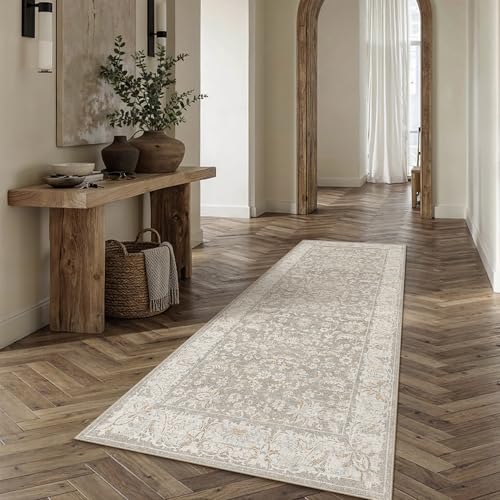 2x6 Washable Runner Rug for Hallway Kitchen Taupe Low Pile Non Slip Runner Neutral Distressed Carpet Bathroom Front Door Beside Bed Home Decor