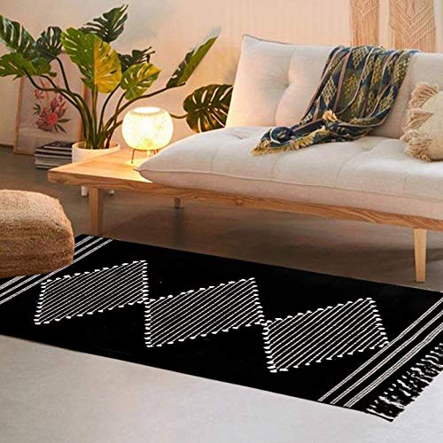Boho Kitchen Rugs,2'X4.3' Washable Black Bathroom Rug Runner, Cotton Woven Tassels Diamond Soft Indoor Mat Hallways Carpet For Laundry Entryway #TOP6
