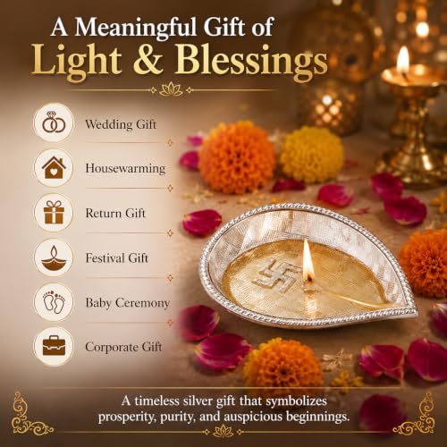 Image of 985 Pure Silver Leaf Diya, Handmade Silver Deepam Oil Lamp, Chandi Diya for Home Temple, Daily Pooja, Lakshmi Pooja & Diwali, Pooja Item, Wedding, Housewarming, Return Festival Gift
