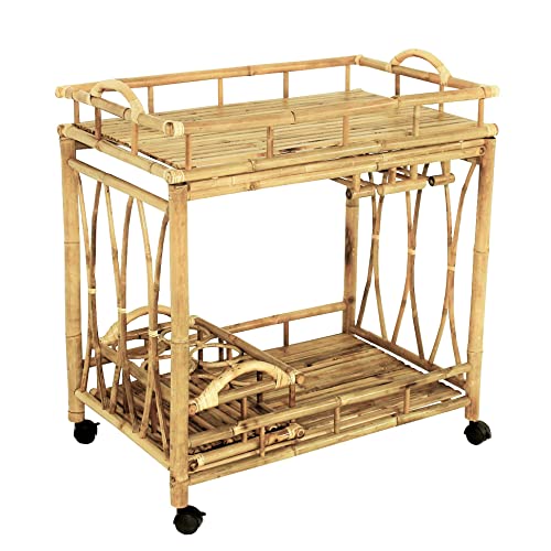Statra Natural Wheeled Serving Cart Wine Rack Rolling Island Trolley Catering Buffet Utility Kitchen Bottle Holder Bamboo 2-Tier #TOP2