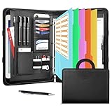 Leathario Schreibmappe A4 mit 5er Register DIN A4,Konferenzmappe mit 4 Ringbuch,Dokumentenmappe mit Reißverschluss,Griff,Klemmbrett,Ordner für Meeting, Business,Mappe für Schule, Uni