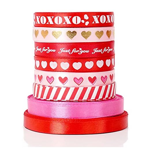 8 Rolls Valentine's Heart Ribbons - Satin, Red, 3/8IN*110YD, Valentines Curling Wrapping Ribbons in Bulk DIY Craft Supplies Valentines Decorations Gift Ribbon