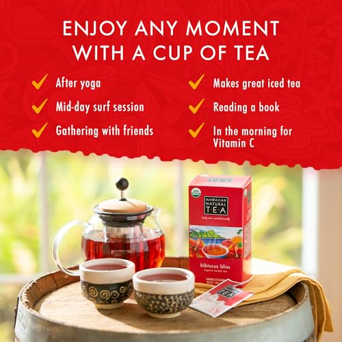 Image of Hawaiian Natural Tea Hibiscus Flavored Organic Herbal Tea - Caffeine Free All Natural For Wellness, Perfect Daily Cup & Gift - 120 Bags