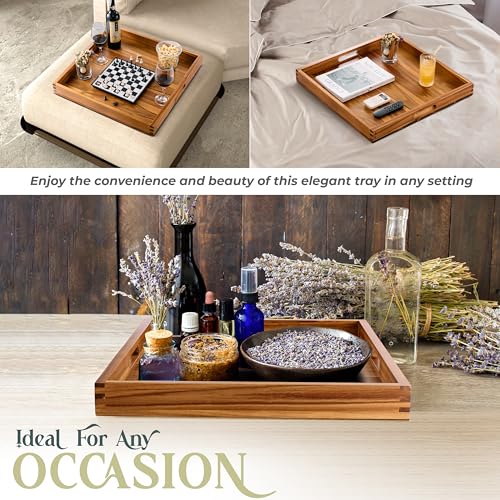 LotusSway Acacia Wood Serving Tray–22\" Premium Square Large Ottoman Tray for Living Room with Handles, Decorative Coffee Table Tray for Serving Food Breakfast in Bed, Dinner,Ideal for Various Ottomans