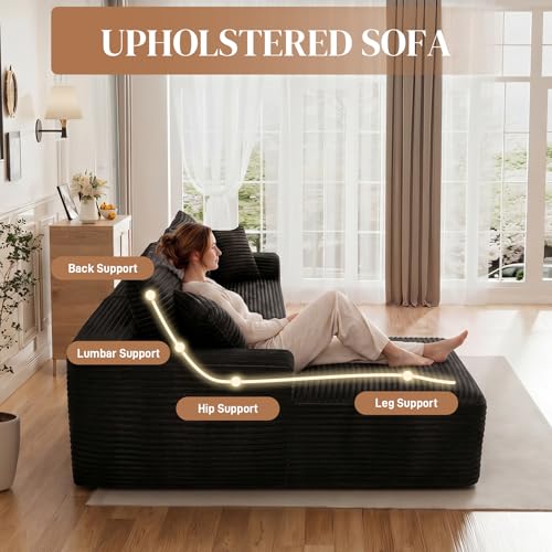 Image of 108 inch L Shaped Cloud Boneless Sectional Couches for Living Room, Modern Comfy Modular Deep Seat Memory Foam Compressed Corduroy Sofa Oversized Left Facing Chaise, No Assembly Required, Balck