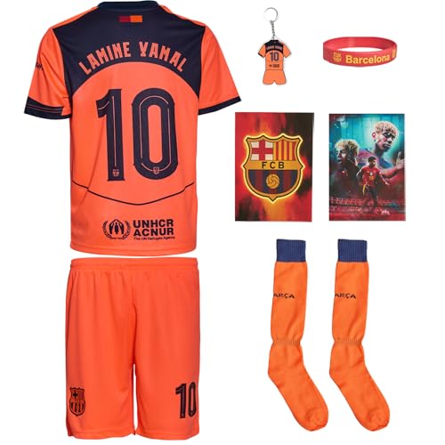 Yamal - Camiseta de fútbol estilo Barcelona con camiseta y pantalones cortos para niños 2024, compatible con camiseta y pantalones cortos, tallas juveniles, azul, 152