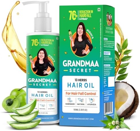 NIDHI’S GRANDMAA SECRET 13 Herbs Hair Oil for Hair Growth & Hair Fall Control | Handmade Oil with Aloe Vera, Curry Leaf & Amla | For Dry, Damaged, Frizzy Hair | Men & Women – 100mL