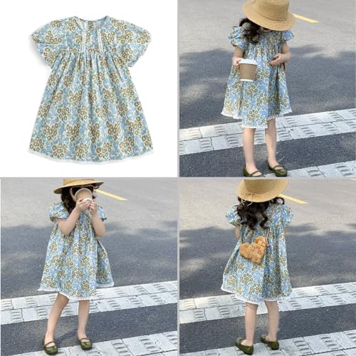 Curipeer Toddler Girls Short Sleeve Floral Dress Handmade Smock Toddler Outfit Dress for Spring and Summer Green 5T3