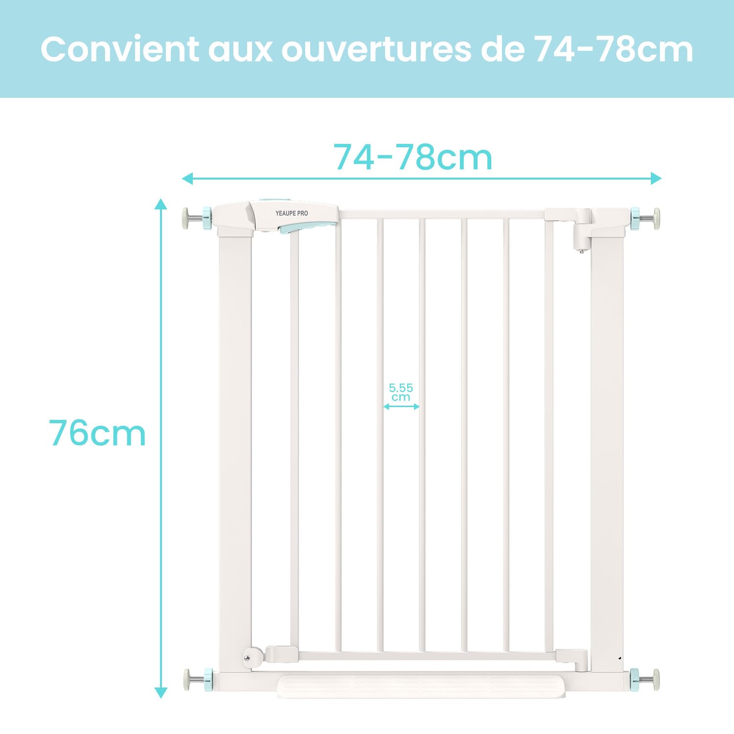 YEAUPE PRO Barrière de Sécurité Enfant 74-78 cm, Barrière Escaliers Portes Pression, Double Verrouillage, Blanc