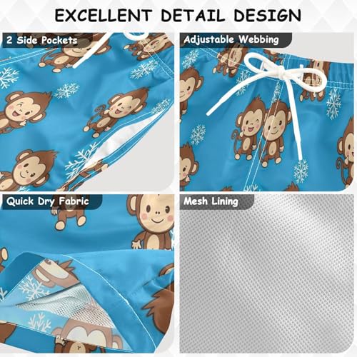 Kids Swim Trunks for Boys, Anti Chafe Swim Trunks Boys 2 T, Cute Cartoon Monkeys Snowflakes Blue3
