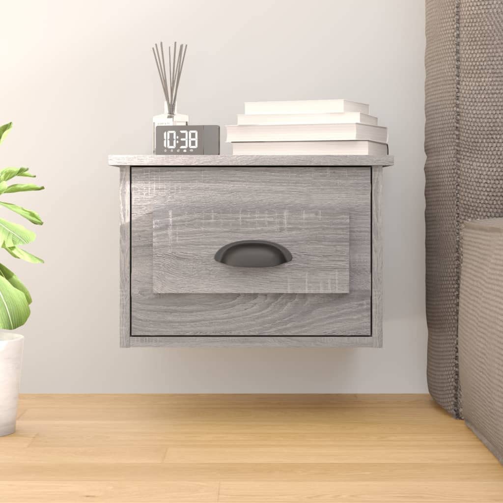 Mesita de noche de pared Sonoma gris 41,5 x 36 x 28 cm con cajón – Mesita de noche de madera, montaje en pared, espacio de almacenamiento flotante