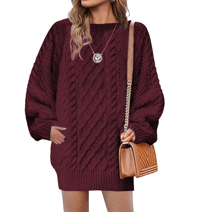 Women's Sweater Dress Fall Oversized Knitted Sweater Dress Crewneck Long Sleeve Cable Knit Dresses Chunky Pullover