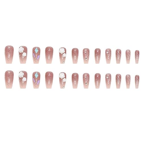 Miniatura 4 de RikView Uñas postizas a presión con forma de ataúd, uñas acrílicas largas con flores 3D, color rosa, uñas brillantes para mujeres, juego de 24
