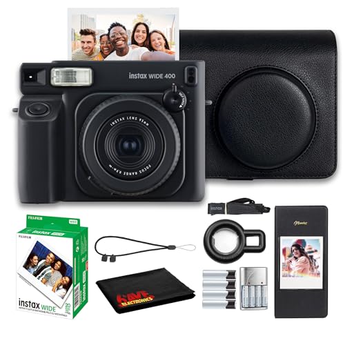 Fujifilm Instax Wide 400 Instant Film Camera (Black) Bundle with Fuji Instax-Wide Instant Film Color Print (20 Sheets) + Vintage Style Compatible Carrying Case + Photo Album + More