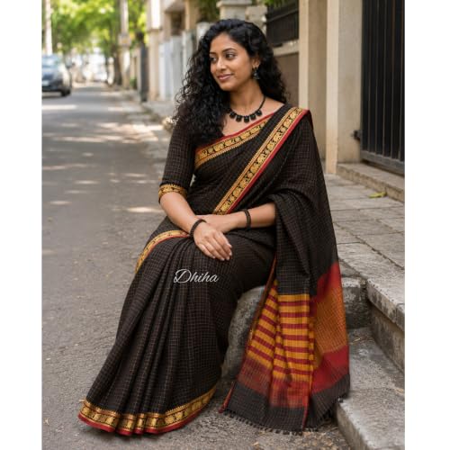 Image of Narayanpet Pure Cotton Avani Border Saree for Women with Running Blouse | Tassels | Traditional Woven Solid Design | Handloom Weave