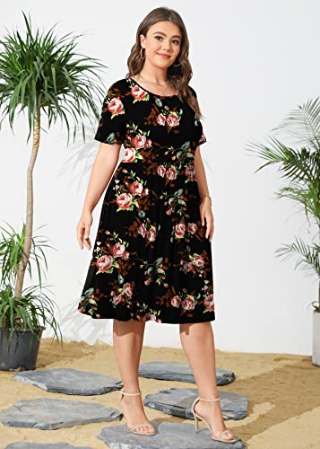 Image of POSESHE Womens Plus Size Summer Dress 2026 Casual Short Sleeve Empire Waist Loose Fit Swing T-Shirt Dress with Pockets