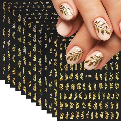 12 Sheets Fall Nail Stickers Gold Leaf Nails Decals 3D Self Adhesive Fall Maple Leaves Nail Art Stickers Glitter Golden Maple Leaf Rose Flower Nails Designs Sticker for Women Autumn Manicure Supplies