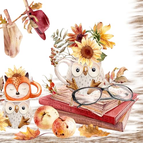 20 Servietten Herbst Herbsttassen mit Tiermotiv als Tischdeko. Papierservietten mit Motiv. Auch für Decoupage und Serviettentechnik 33x33cm
