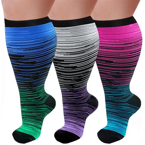 Image of 3 Pairs Plus Size Compression Socks for Women and Men Wide Calf 20-30mmhg Extra Large Knee High Support for Circulation
