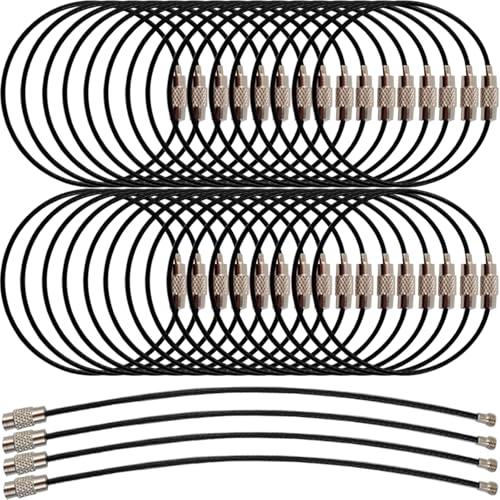 ROYHOO 50PCS Black Stainless Steel Wire Keychains Cable, Key Rings, Heavy Duty Luggage Tags Loops Tag Keepers 1.5mm Twist Barrel (Cable Length: 5.9 inches)