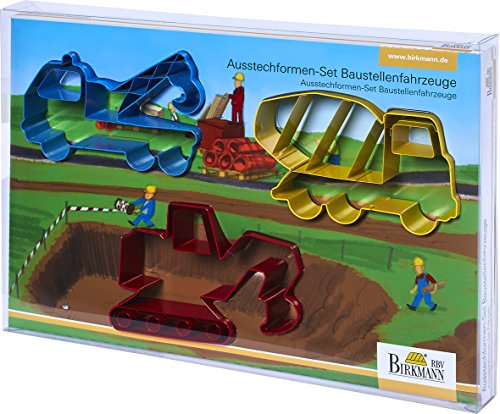 Birkmann 145139 Baustellenfahrzeuge Hausbau, Ausstechformen-Set bestehend aus drei Ausstechformen aus lebensmittelecht lackiertem Edelstahl mit Innenprägungen und einer schönen Baustellen-Illustration zum Arrangieren der Plätzchen. Mit Rezeptvorschlägen; in Geschenkverpackung mit Eurolochung; 3-teilig