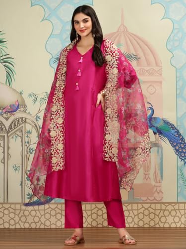 Image of ishin V-Neck Three-Quarter Sleeves Kurta with Trousers & With printed Dupatta | Kurta set for women | Kurta with trousers and dupatta