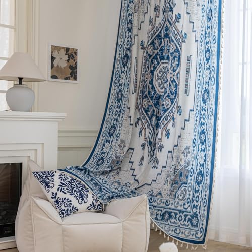Image of Blue Geometric Curtains 96 Inches Long, Boho Farmhouse Light Filtering Rod Pocket Drapes with Tassel Trim for Bedroom Living Room, 2 Panels