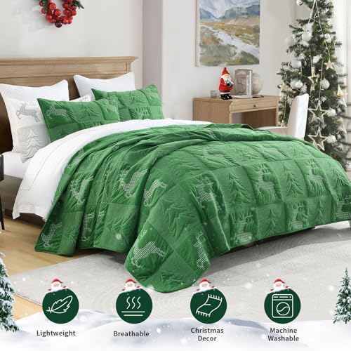 Image of Grassix Christmas Quilt Set King Size, Holiday Bedding Coverlet, Green | Tree & Reindeer Pattern, Soft Lightweight Christmas Velvet Bedspread with 2 Shams,Thin Comforter All-Season, 108 x 96 in